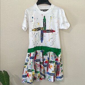 Vintage Handmade Crayola Crayon Shirt Dress with Bow Paint Splatter Size 10-12